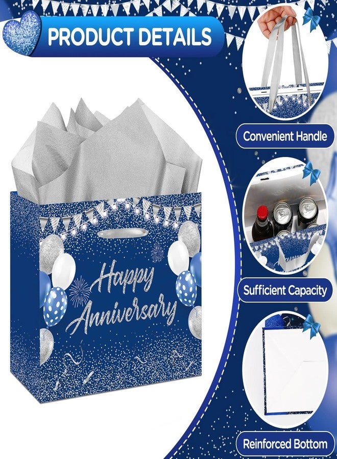 GOLDCROW Blue Silver Party Gift Bag with Tissue Papers and Card, Wedding Paper Gift Wrapping Paper Bag11.8'' for Men Women Anniversary Party, Wedding Party Supplies - Image 3